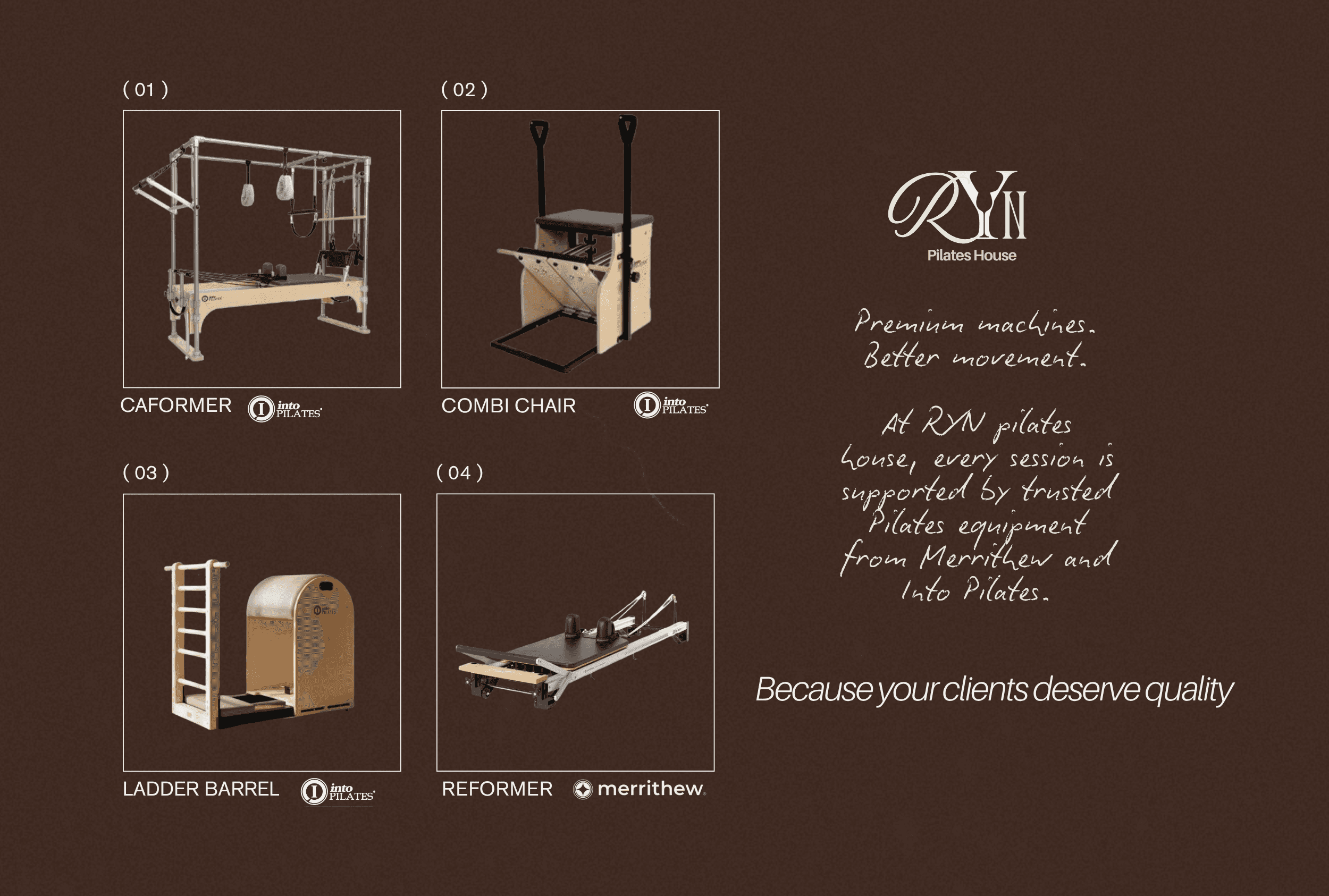 RYN Pilates House Equipment - Caformer, Combi Chair, Ladder Barrel, Reformer